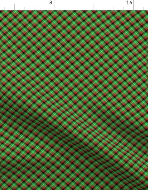 Christmas Holly Green, Red and Black and Argyle Tartan Plaid with Crossed White Lines Fabric