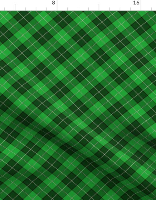 Christmas Holly Green and Dark Green Argyle Tartan Plaid with Crossed White  Lines Fabric