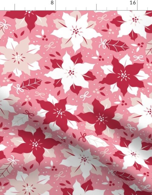 Christmas Red ,Champagne and White Jumbo Poinsettias Repeat on Bright Pink Background Fabric