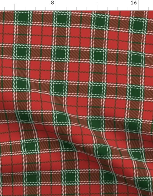 Christmas Red and Dark Green Tartan with Double White Lines Fabric