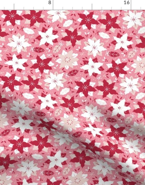 Christmas Red and Pale Champagne Small Poinsettias and Holly Repeat on Bright Pink Background Fabric