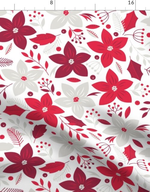 Christmas Red and Pale Silver Jumbo Poinsettias and Holly Repeat on Snow White Fabric