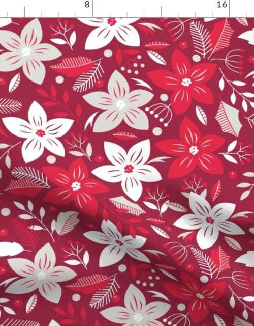 Christmas Red and Pale Silver Jumbo Poinsettias and Mistletoe Repeat on Deep Cranberry Background Fabric