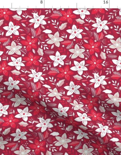 Christmas Red and Pale Silver Small Poinsettias and Mistletoe Repeat on Deep Cranberry Background Fabric