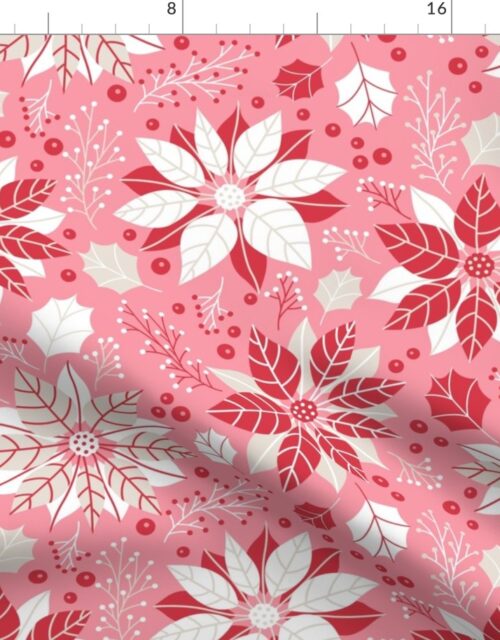 Christmas Red and Pink Jumbo Poinsettias and Mistletoe Repeat on Bright Pink Background Fabric