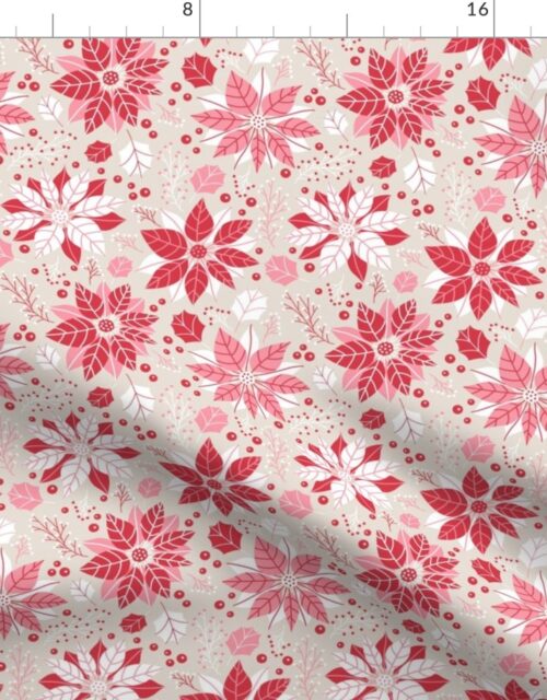 Christmas Red and Pink Poinsettias and Mistletoe Small Repeat on Pale Champagne Background Fabric