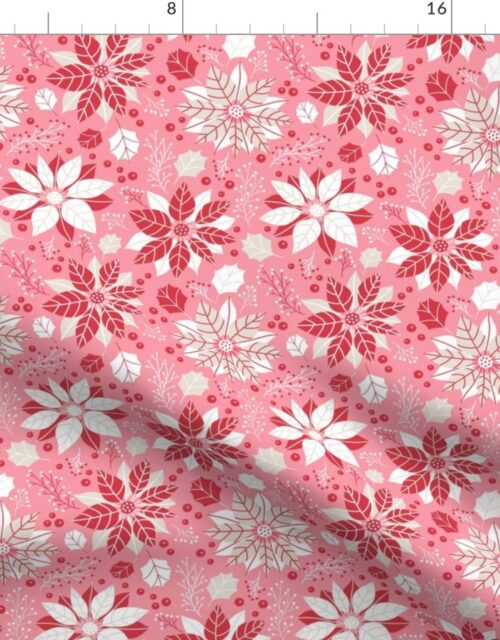 Christmas Red and Pink Small Poinsettias and Mistletoe Repeat on Bright Pink Background Fabric