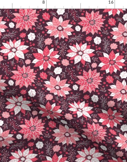 Christmas Red and Pink Small  Poinsettias and Mistletoe Repeat on Deep Plum Background Fabric