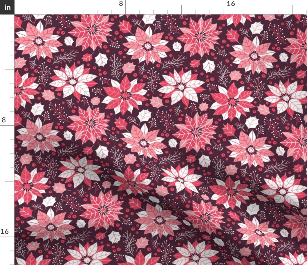 Christmas Red and Pink Small  Poinsettias and Mistletoe Repeat on Deep Plum Background Fabric