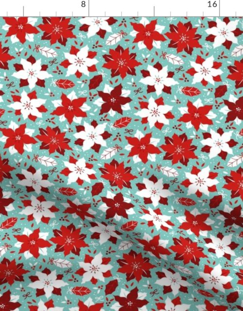 Christmas Red and White Poinsettias Small Repeat on Mint Green Background Fabric
