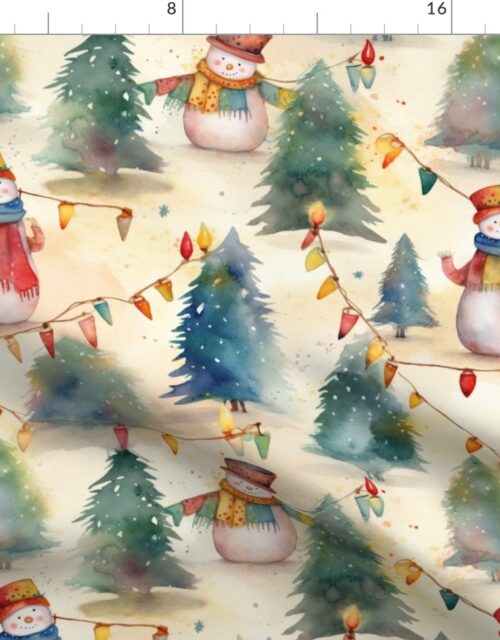 Christmas Snowmen with Christmas Lighted Trees Watercolor Fabric