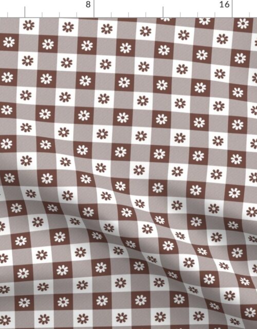 Cinnamon Brown and White Gingham Check with Center Floral Medallions in Cinnamon and White Fabric