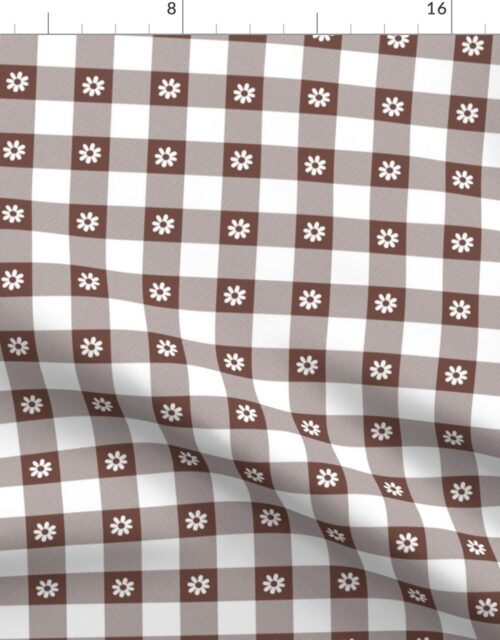 Cinnamon Brown and White Gingham Check with Center Floral Medallions in White Fabric