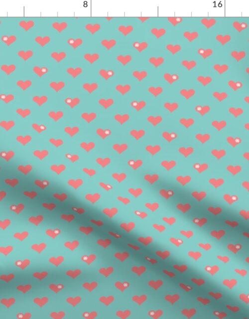 Coral Pink Aloha Love Hearts on Blue Fabric