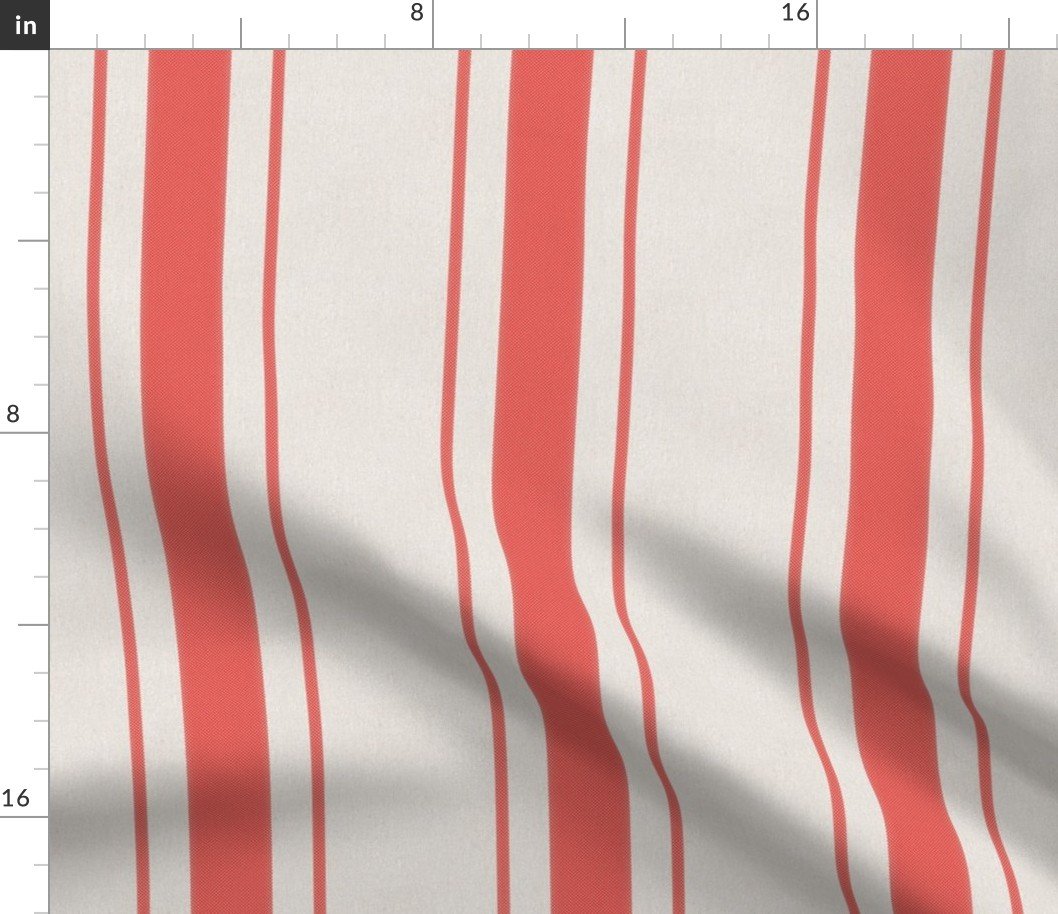 Coral Red Antique Vintage Mattress Ticking Stripe on Cream Fabric