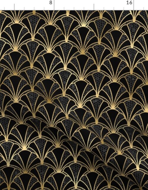 Crackled Black and Solid Black Scallop Shells in Black with Gold Art Deco Vintage Foil Pattern Fabric