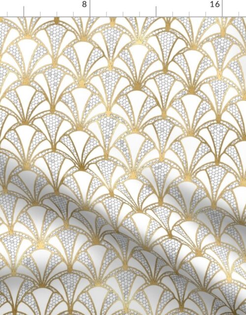 Crackled Cream Scallop Shells in Off-White with Gold Art Deco Vintage Foil Pattern Fabric