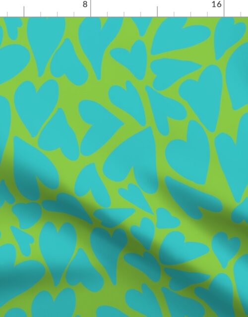 Crazy Jumbo Hearts in Aqua on Lime Fabric