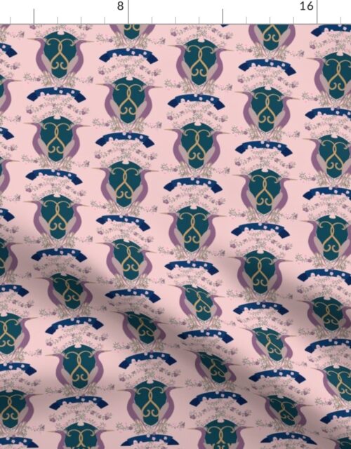 Crest with Cranes in Lavender Blue on Pink Fabric