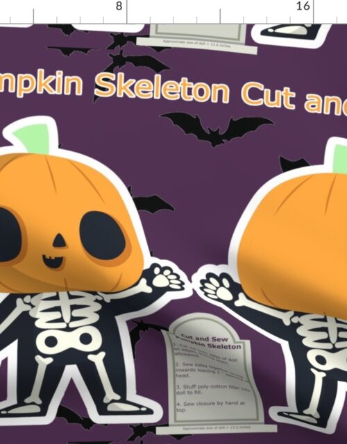 Cut and Sew Halloween Orange Pumpkin Skeleton Doll Project Fabric