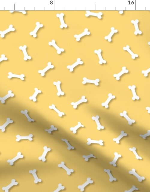 Cute White 3D  Cartoon Dog Bones On Buttercup Background Fabric