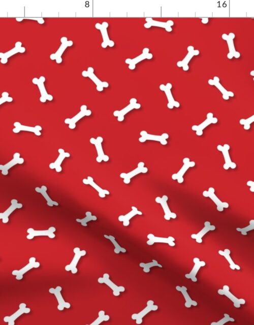 Cute White 3D  Cartoon Dog Bones On Poppy Red Background Fabric