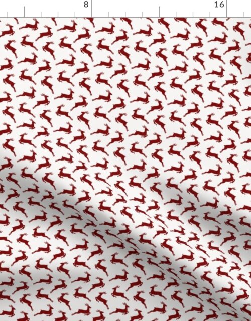 Dark Christmas Candy Apple Red Leaping Reindeer on White Fabric