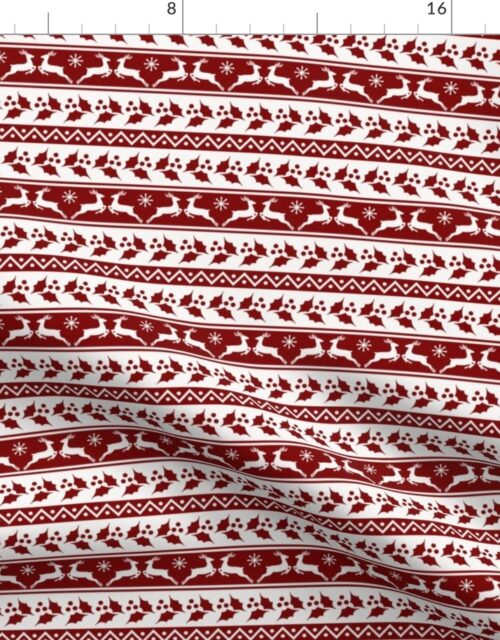Dark Christmas Candy Apple Red Nordic Reindeer Stripe in White Fabric