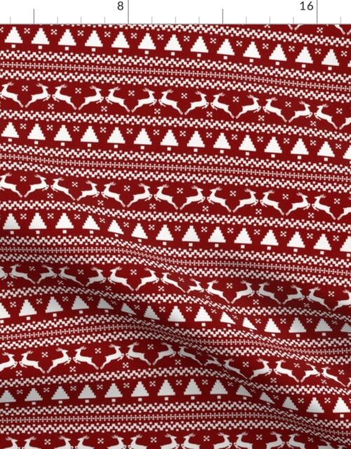 Dark Christmas Candy Apple Red Nordic Reindeer Stripe in White Fabric