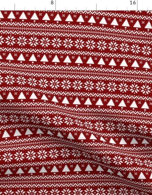 Dark Christmas Candy Apple Red Nordic Trees Stripe in White Fabric