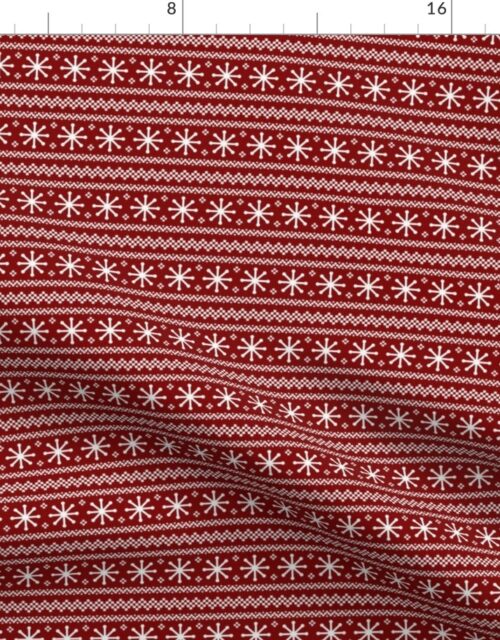 Dark Christmas Candy Apple Red Snowflake Stripes in White Fabric