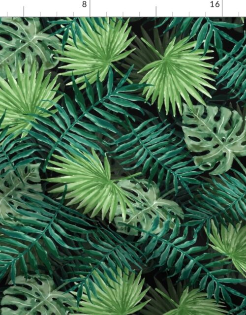 Dark Green Fern Palm and Monstera Tropical Plants Fabric