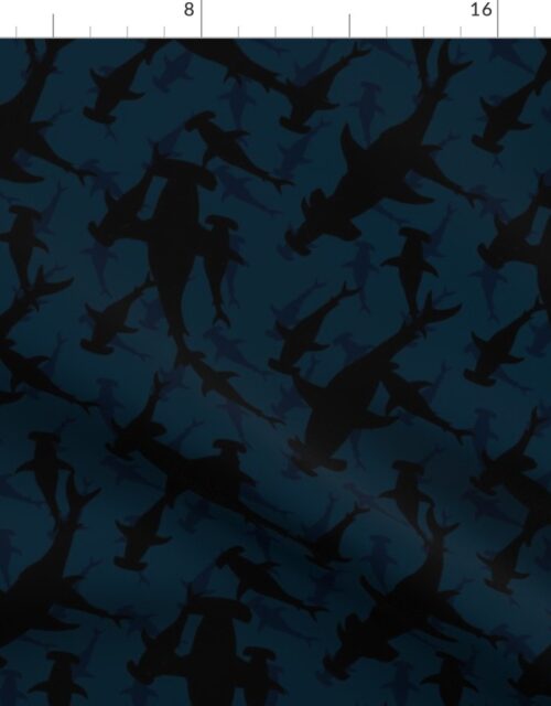 Dark Hammerhead Sharks Silhouette Circling  in Bluebell Water Fabric