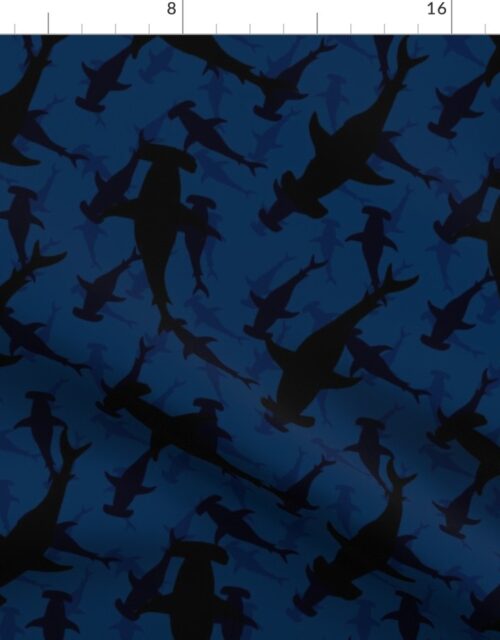 Dark Hammerhead Sharks Silhouette Circling  in Cobalt Blue Water Fabric