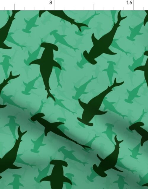 Dark Hammerhead Sharks Silhouette Circling  in Jade Green Water Fabric
