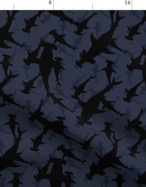 Dark Hammerhead Sharks Silhouette Circling  in Navy Blue Water Fabric