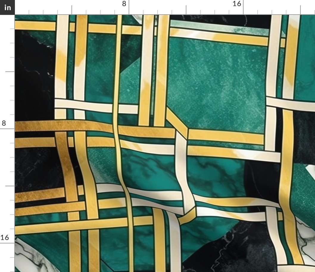 De_Stijl Geometric Art Deco Watercolor Pattern in Jade and Gold Fabric