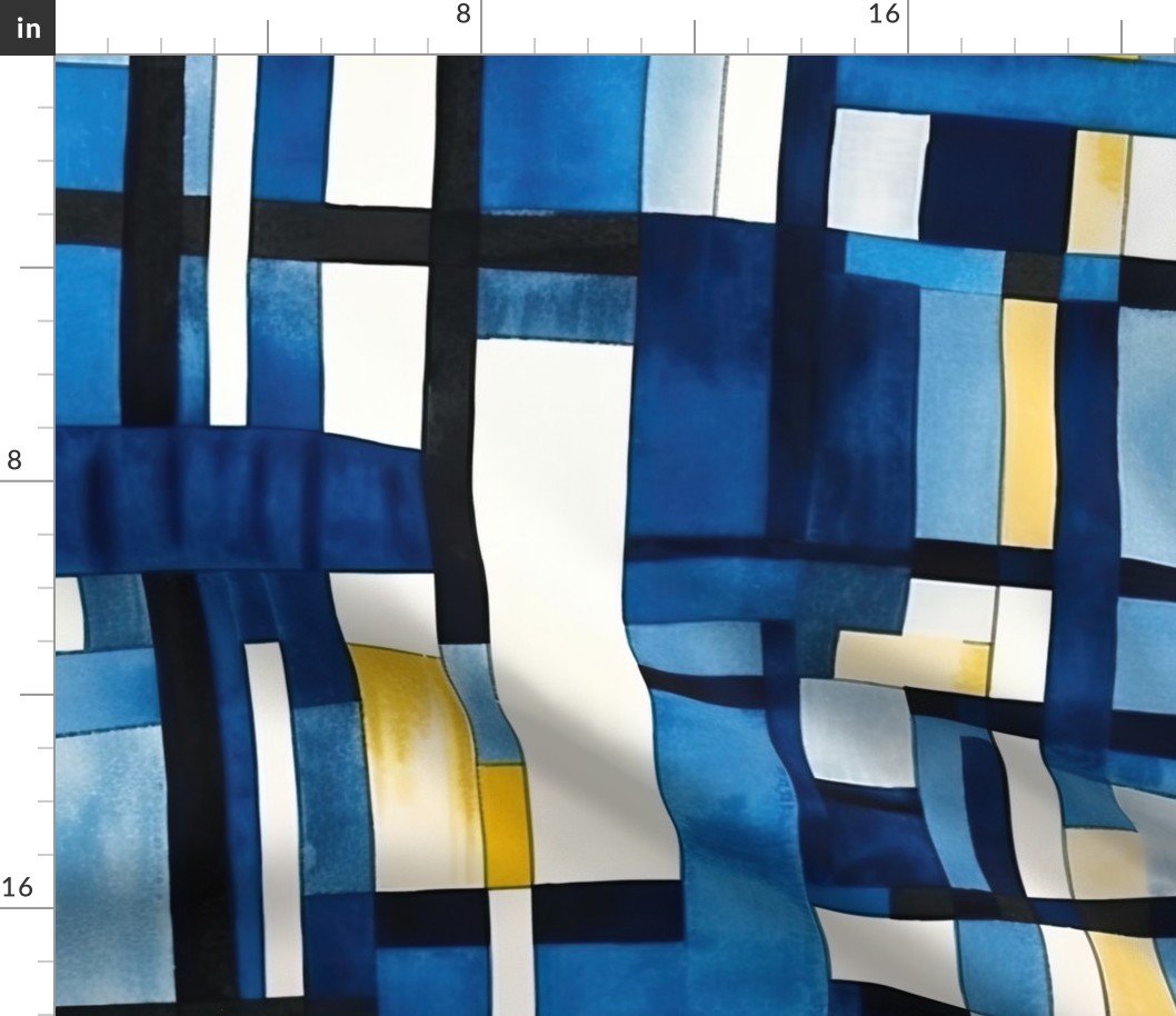 De_Stijl Geometric Primary Color Pattern in Blue Watercolor Fabric