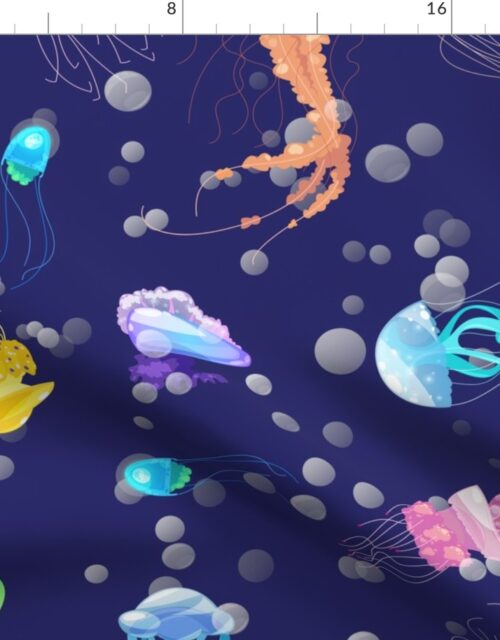 Deep Blue Adriatic Sea with Swimming Dancing Translucent Jellyfish Fabric