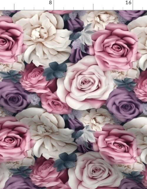 Densely Packed Jumbo Floral Rose Blossoms in Pink, Violet and White Fabric
