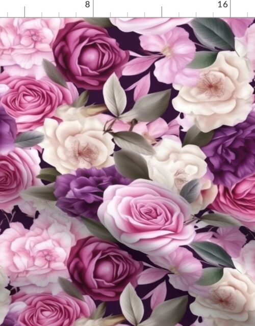 Densely Packed Jumbo Floral Rose Blossoms in Pink, Violet and White Fabric