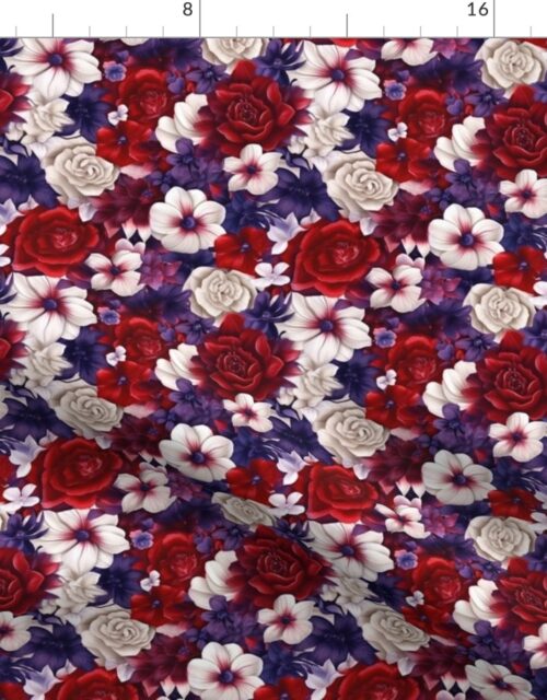Densely Packed Jumbo Floral Rose Blossoms in Red, Violet and White Fabric