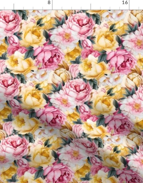 Densely Packed Jumbo Floral Rose Blossoms in Yellow, Pink and White Fabric
