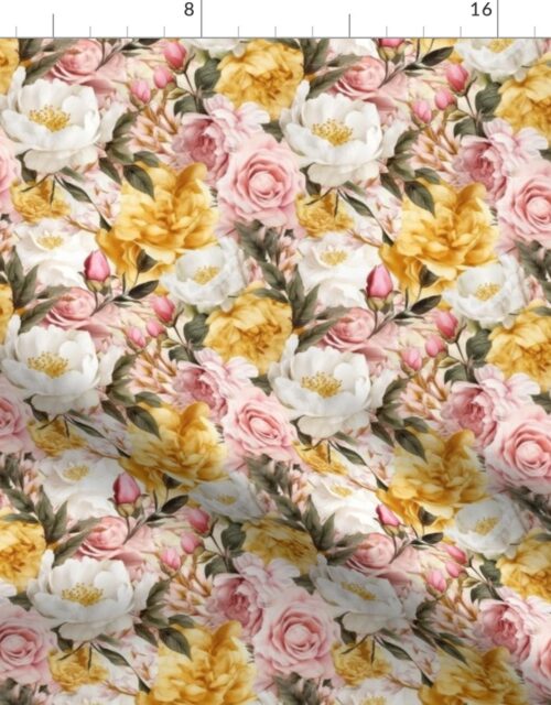 Densely Packed Jumbo Floral Rose Blossoms in Yellow, Pink and White Fabric