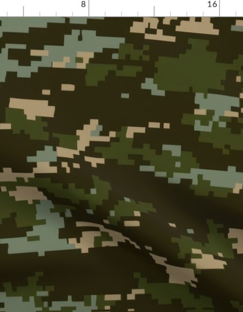 Digital Camouflage in Pixellated Swatches of Deep Forest Green, Olive Drab and Khaki Beige Fabric