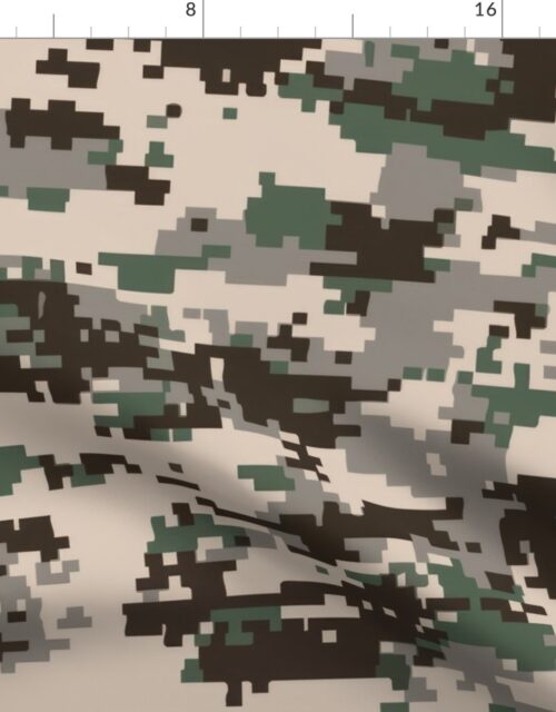 Digital Camouflage in Pixellated Swatches of Kkaki Beige, Olive Drab and Charcoal Grey Fabric