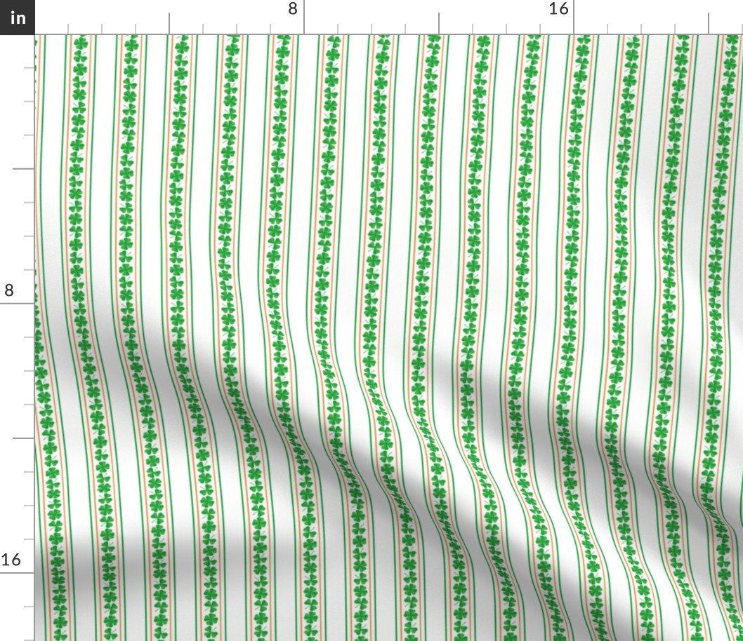 Double Striped Orange and Green St. Patricks 3 and 4-Leafed Shamrocks in Kelly Green on White Fabric