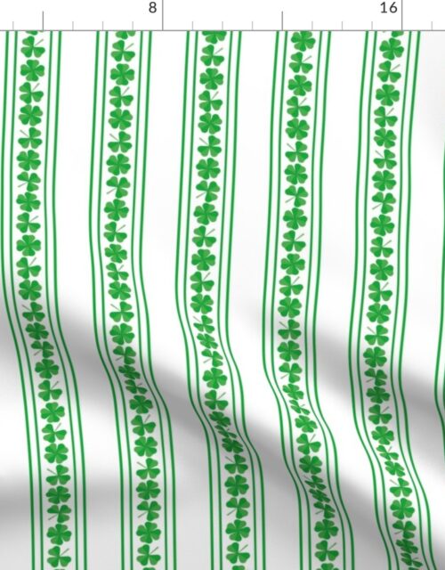 Double Striped St. Patricks 3 and 4-Leafed Shamrocks in Kelly Green on White Fabric