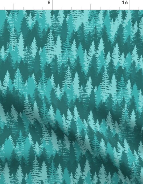 Endless Evergreen Forest with Fir Trees in Shades of Aqua Blue Fabric