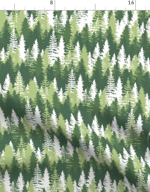 Endless Evergreen Forest with Fir Trees in Shades of Green and White Fabric